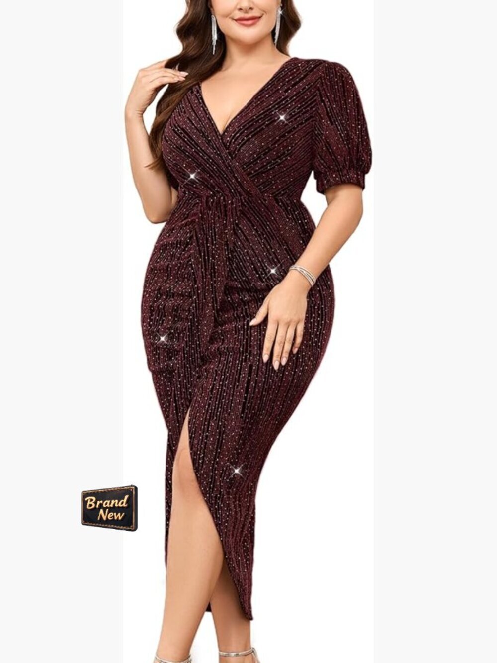 Plus Size Sparkly V Neck Puff Sleeve Ruched Bodycon Midi Cocktail Party Dress